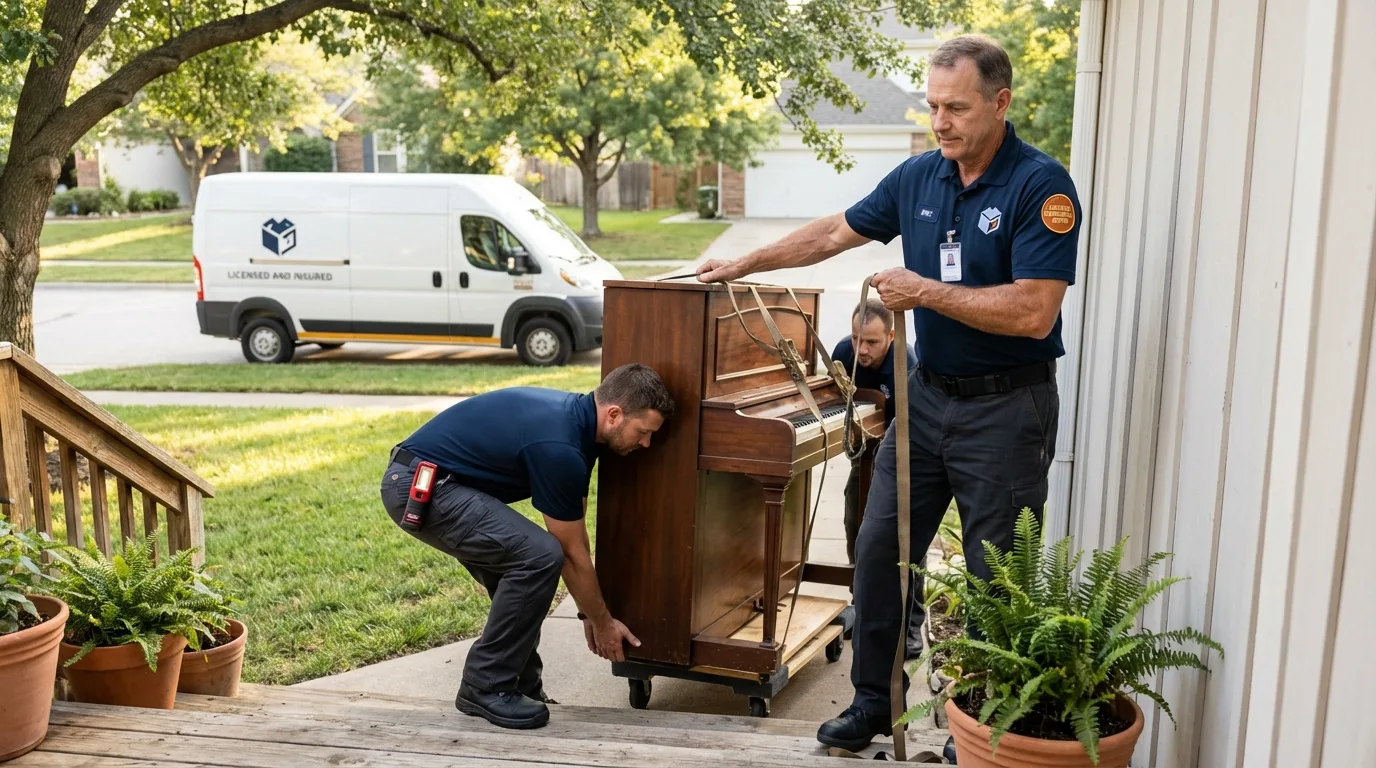 Licensed piano movers securing grand piano in Newcastle, WY