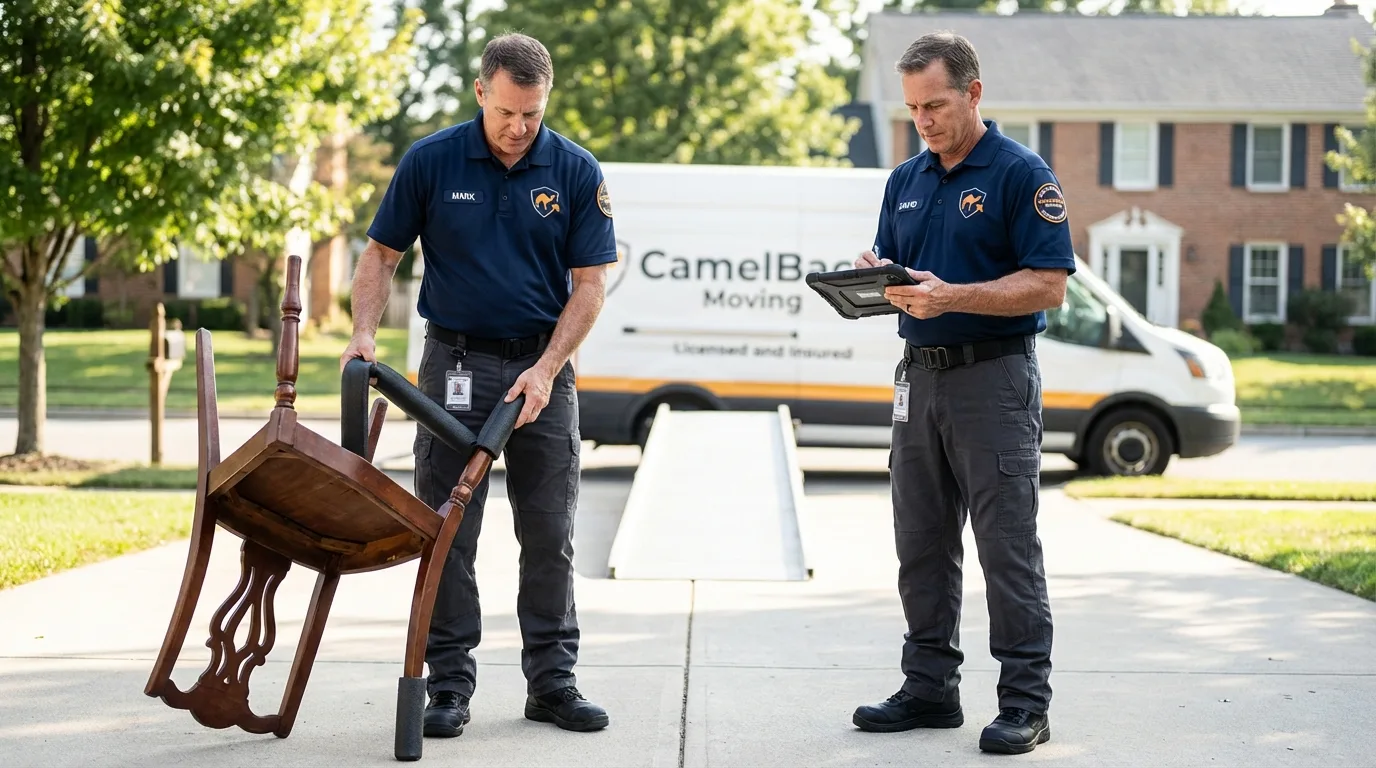 Movers inspecting furniture for damage prevention before loading in Newcastle, WY