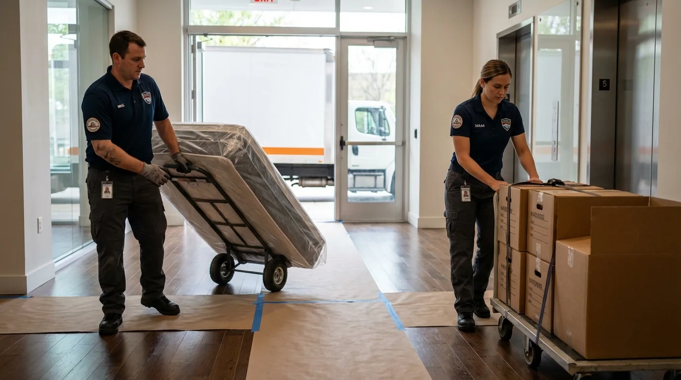 Professional apartment movers loading elevator in Newcastle, WY